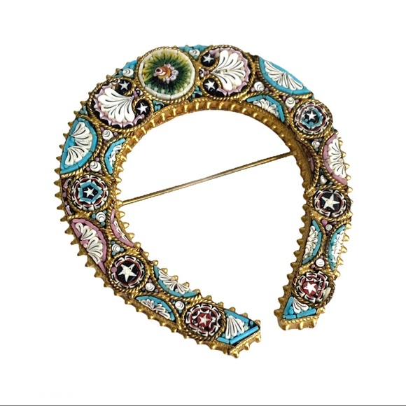Vintage Jewelry - Vintage Micromosaic Brooch Lucky Horseshoe Italian